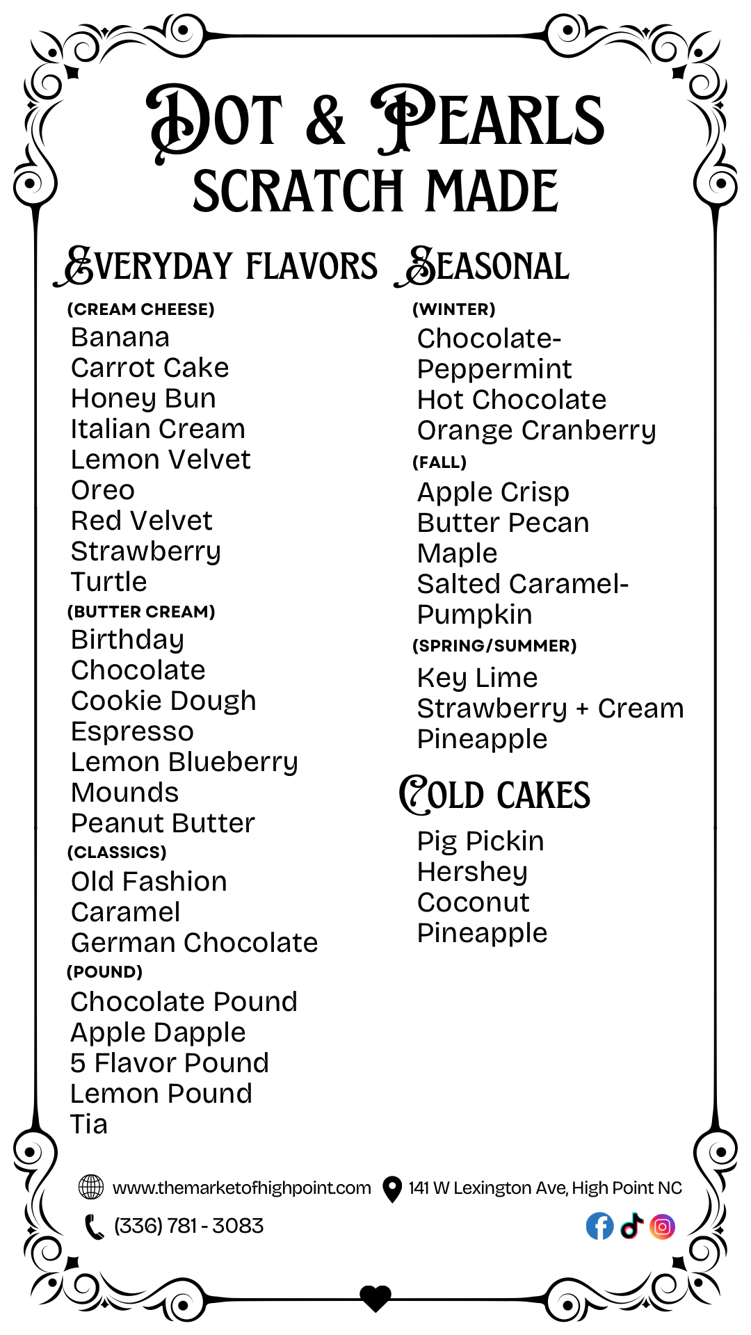 Dot and Pearl's Cakes, Pies, Cookies and More Menu