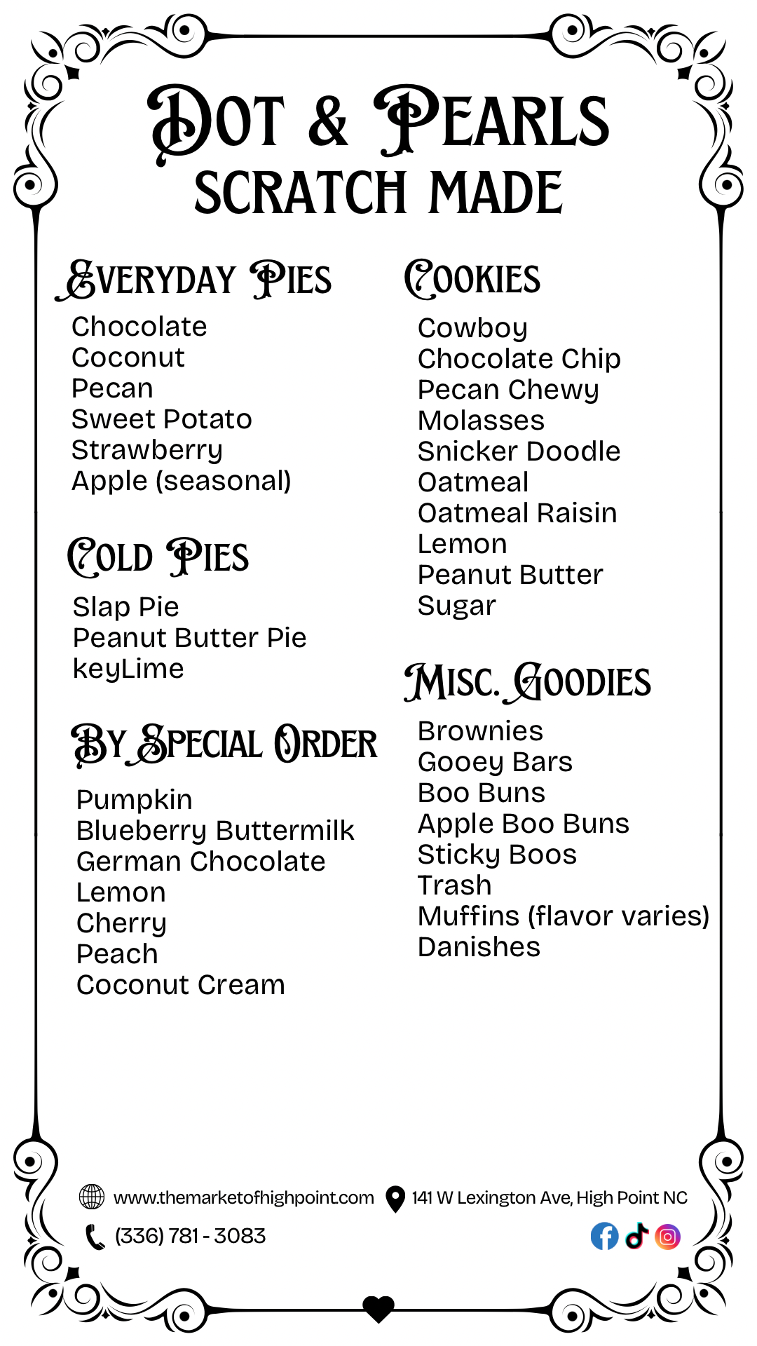 Dot and Pearl's Cakes, Pies, Cookies and More Menu